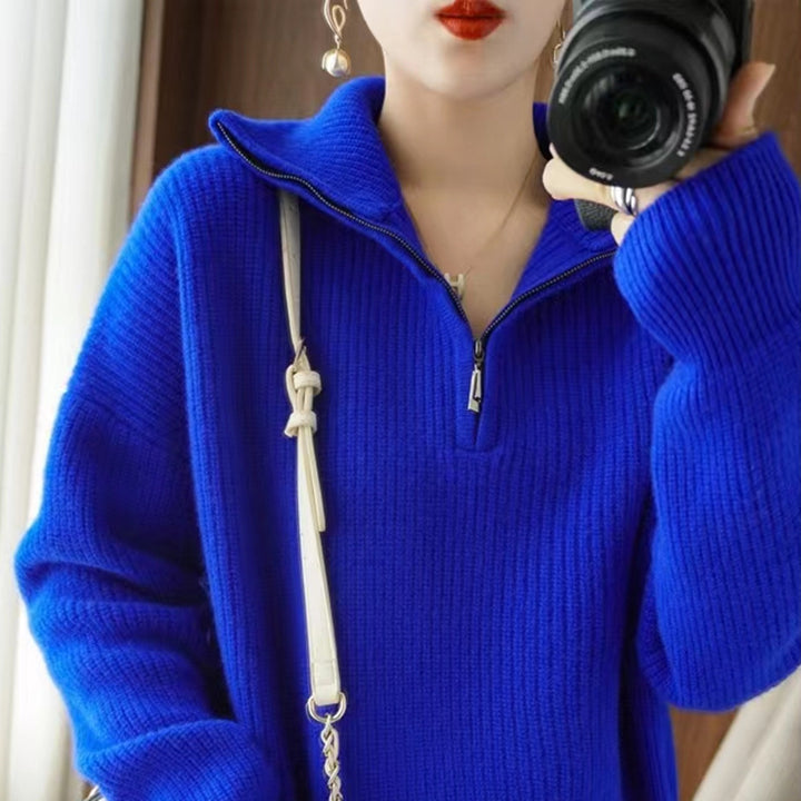 Damen Strickpullover mit hohem Kragen und halbem Reißverschluss Drune