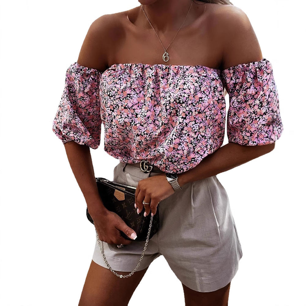Damen Off-Shoulder Bluse mit voluminösen Puffärmeln und floralem Muster Drune