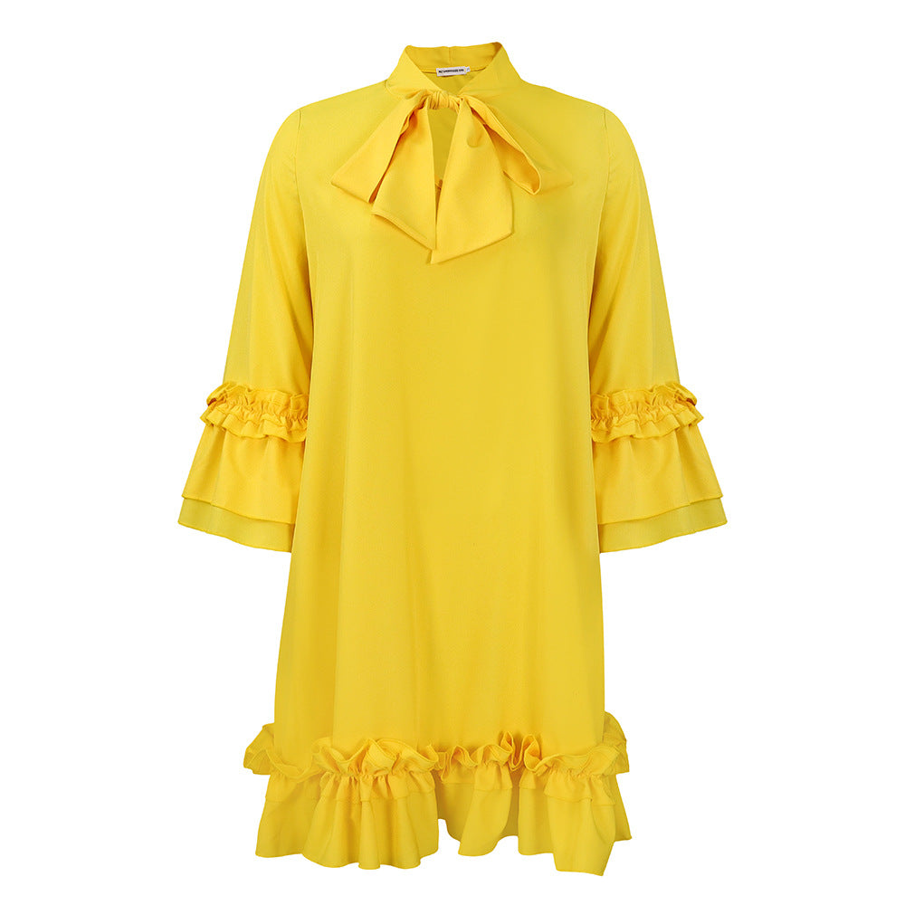 Damen Tunika-Kleid mit eleganten Rüschen und schickem Schleifenkragen Drune