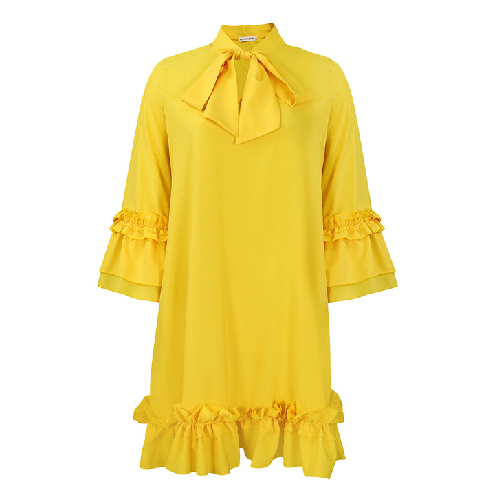 Damen Tunika-Kleid mit eleganten Rüschen und schickem Schleifenkragen Drune