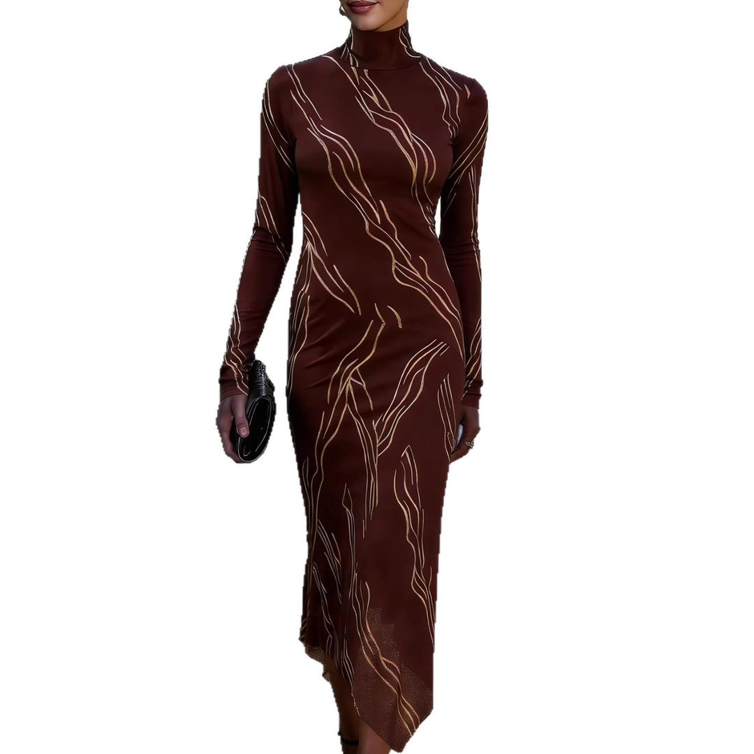 Damen elegantes Midikleid aus elastischem Jersey mit dekorativem Muster Drune