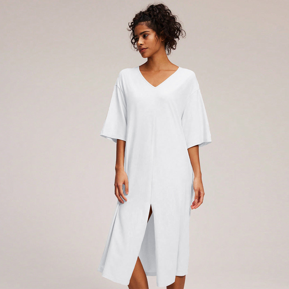 Damen lässiges Midikleid mit tiefem V-Ausschnitt und seitlichem Schlitz Drune