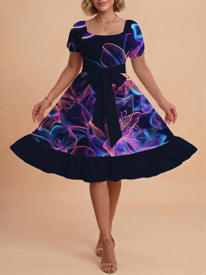 Damen Sommerkleid mit floralem Puffärmel und taillierbarem Gürtel Drune