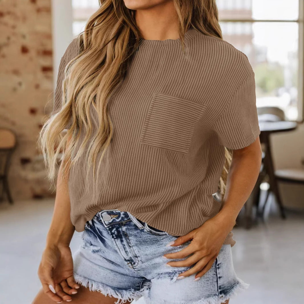 Damen lässiges Kurzarmshirt mit strukturierter Oberfläche und praktischem Brusttaschen Drune