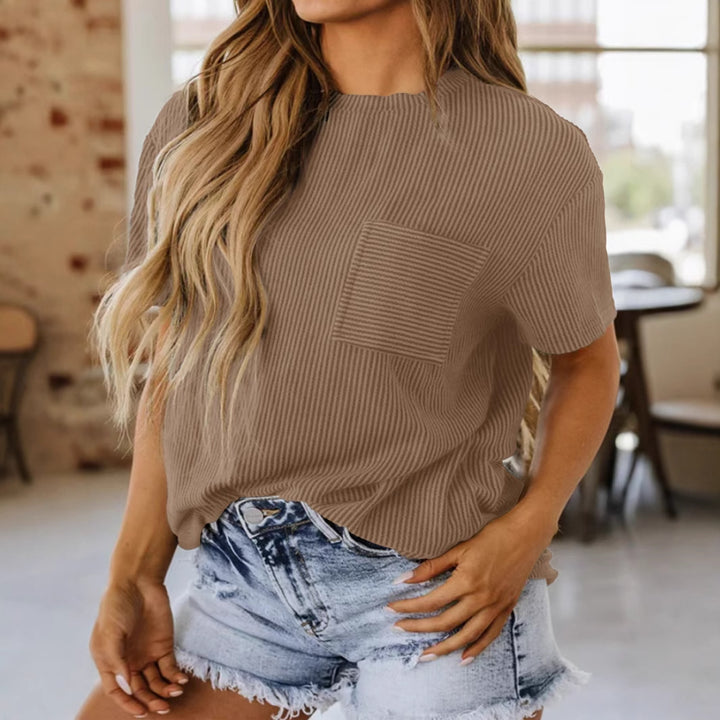 Damen lässiges Kurzarmshirt mit strukturierter Oberfläche und praktischem Brusttaschen Drune