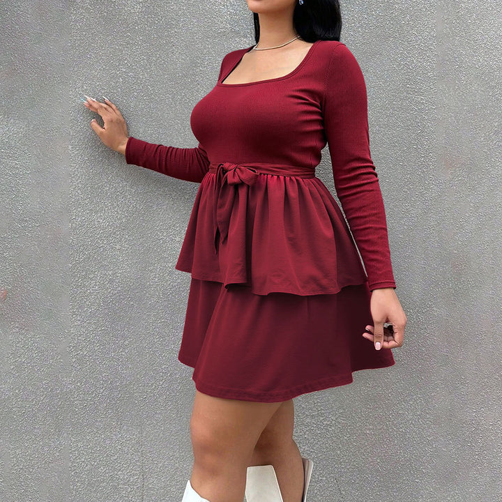 Damen Minikleid mit quadratischem Ausschnitt und rüschenbetontem Taillenband Drune
