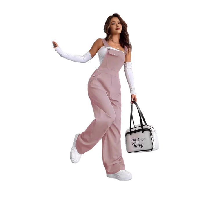Damen nan weite Latzhose mit seitlichen Zierknöpfen, Brusttasche und weitem Bein Drune