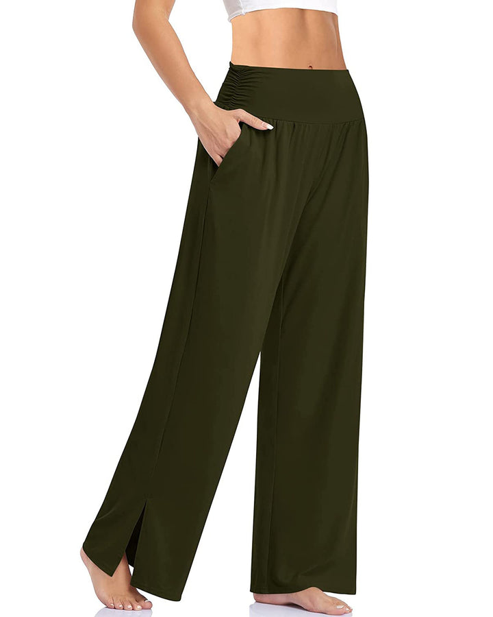 Damen nan weite Yogahose mit hohem Komfortbund, seitlichen Eingrifftaschen und seitlichem Bein-Schlitz Drune