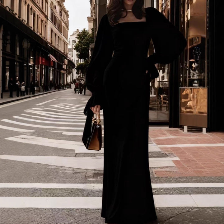 Damen elegantes Maxikleid mit Puffärmeln und quadratischem Ausschnitt Drune