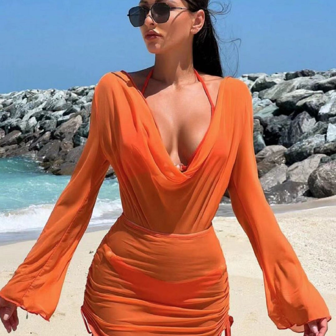Damen Strandkleid mit elegantem Wickeldesign und langen Ärmeln Drune