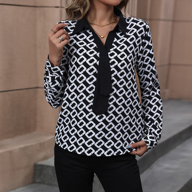 Damen Bluse mit grafischem Muster und eleganter Schleifenbindung Drune
