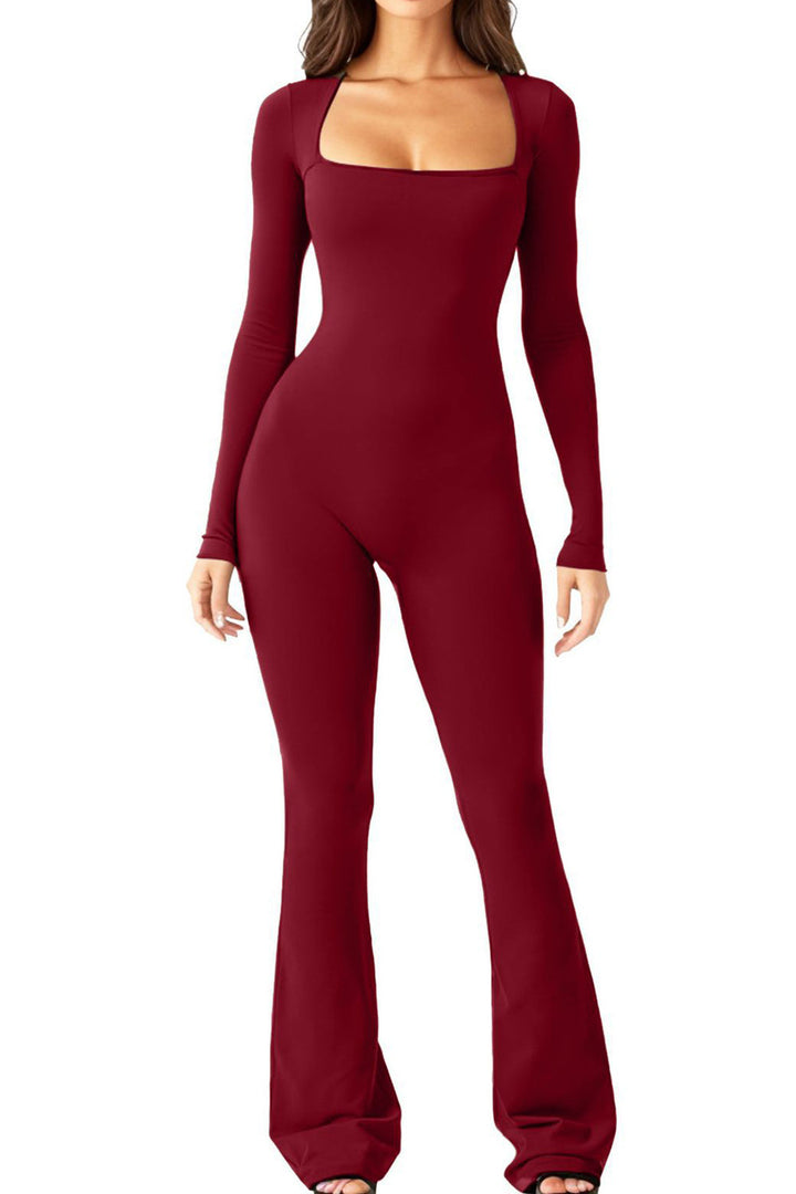 Damen nan figurbetonter Langarm-Jumpsuit mit quadratischem Ausschnitt und ausgestellter Schlaghose Drune