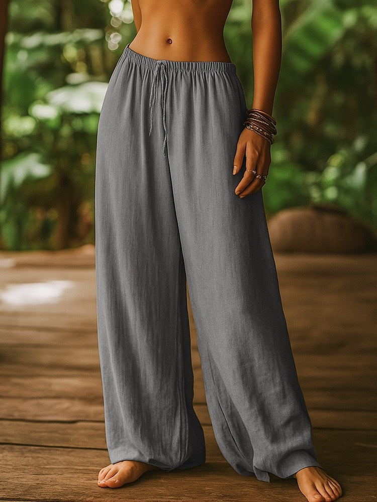 Damen Weit geschnittene Sommer-Hose mit elastischem Bund und Kordelzug Drune