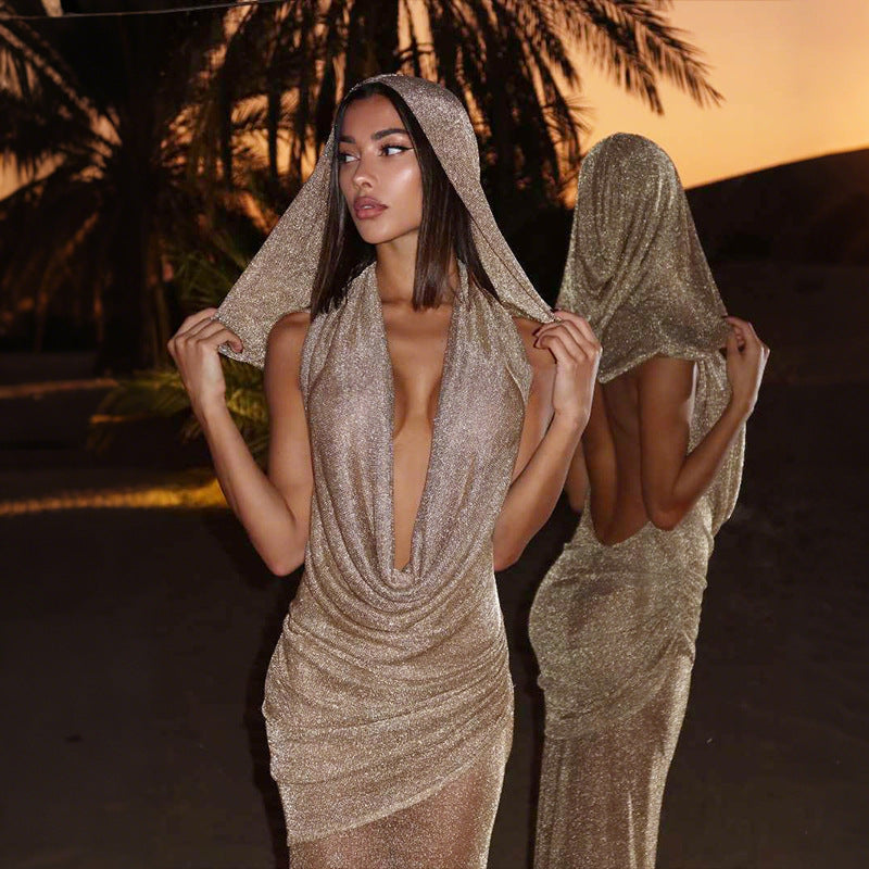 Damen Elegantes Maxikleid mit tiefem Pracht-Ausschnitt und durchscheinendem Stoff Drune