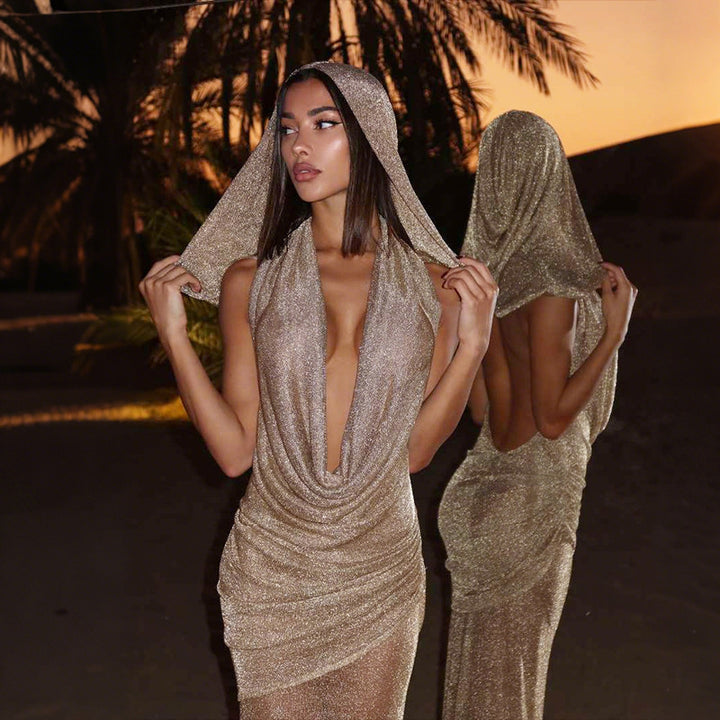 Damen Elegantes Maxikleid mit tiefem Pracht-Ausschnitt und durchscheinendem Stoff Drune
