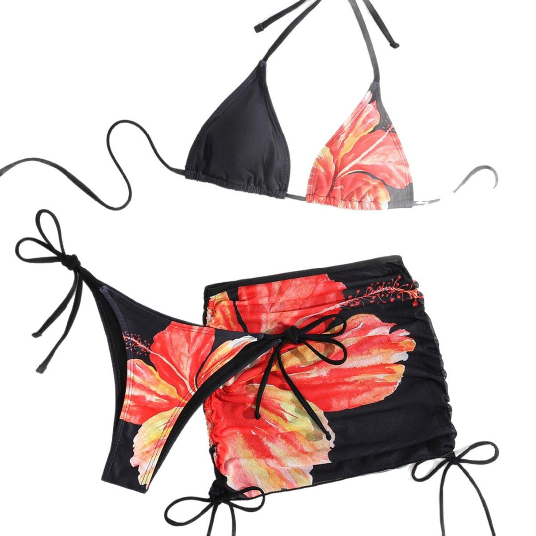 Damen Triangel-Bikini mit transparentem Rockelement und floralem Design Drune