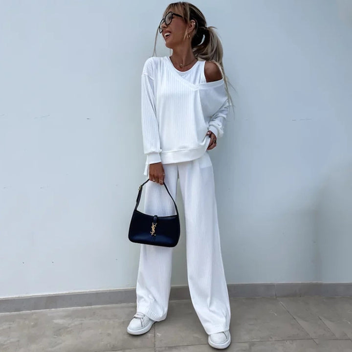 Damen nan elegantes Rippstrick-Zweiteiler Lounge-Set mit einseitigem Schulterfreischnitt und weitem Palazzo-Hosenbein Drune