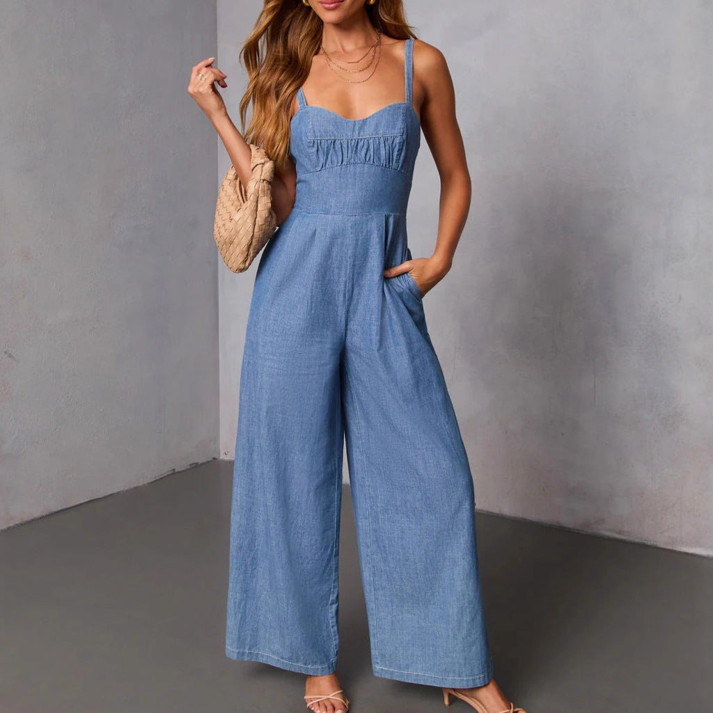 Damen Jeans-Jumpsuit mit weitem Bein und eleganten Trägern Drune