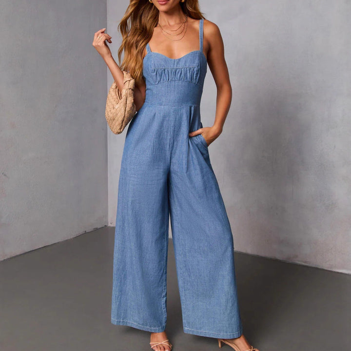 Damen Jeans-Jumpsuit mit weitem Bein und eleganten Trägern Drune