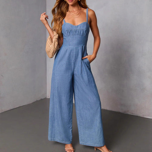 Damen Jeans-Jumpsuit mit weitem Bein und eleganten Trägern Drune
