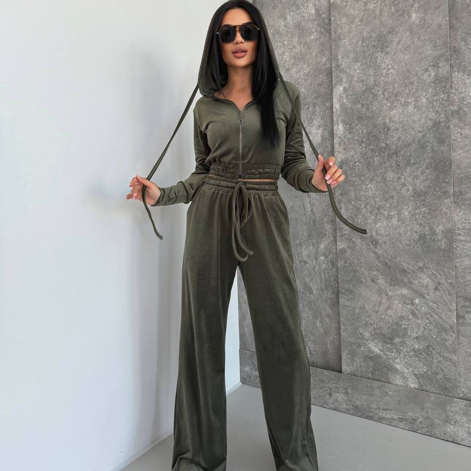 Damen Velours Lounge-Set mit tailliertem Hoodie und elastischen Hosen Drune