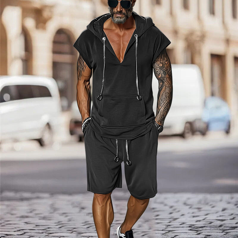 Herren lässiges Freizeit-Set mit stylischem Kapuzen-T-Shirt und Shorts Drune