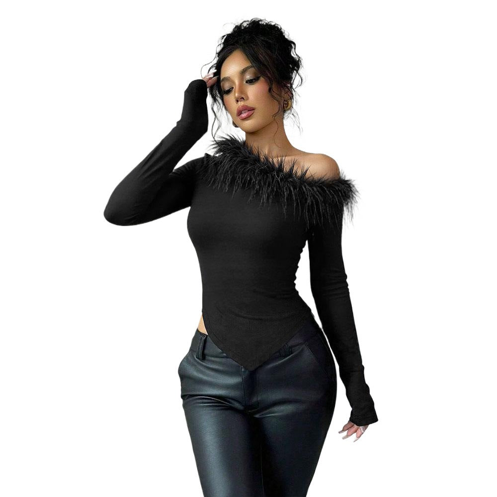 Damen elegantes Top mit abnehmbarem Flauschebesatz Drune