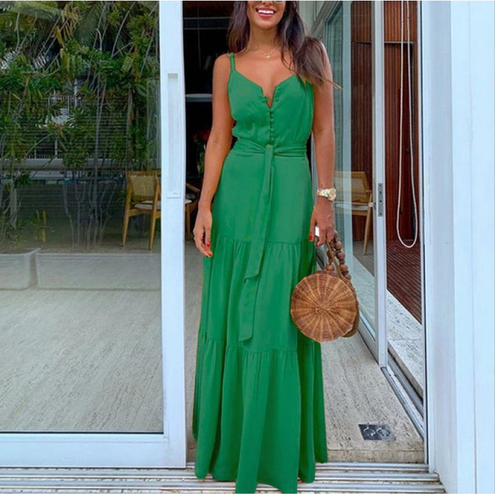 Damen Maxi-Kleid mit knöpfbarem Ausschnitt und Taillengürtel Drune