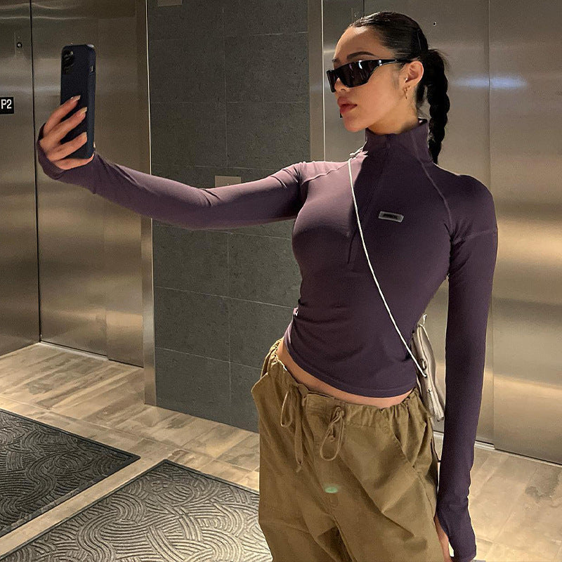 Damen nan figurbetontes Langarm-Zip-Top mit tiefem V-Ausschnitt und elastischem Funktionsstretch Drune