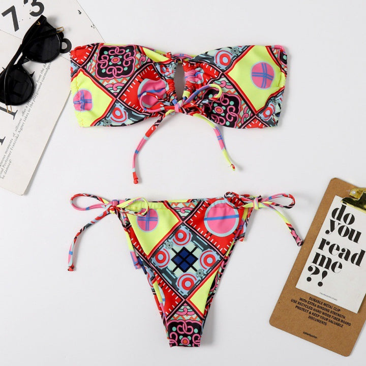 Damen Bandeau-Bikini mit aufregendem Mustermix und verstellbaren Trägern Drune