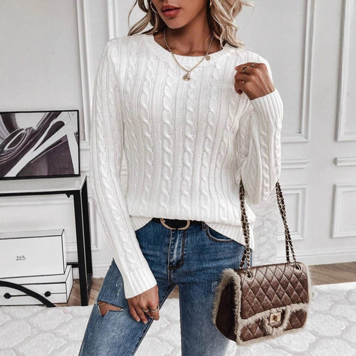 Damen Grobstrickpullover mit modernen Zopfmustern und Rundhalsausschnitt Drune