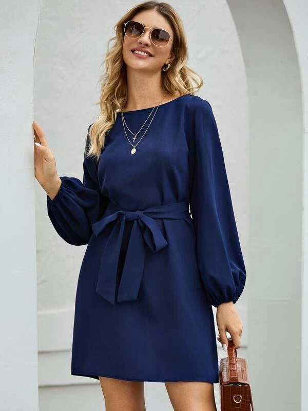 Damen Elegantes Kleid mit Ballonärmeln und Taillengürtel Drune