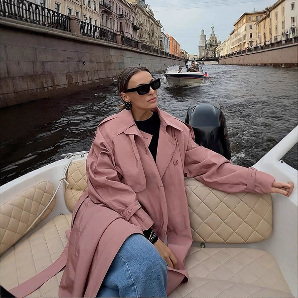 Damen Eleganter Trenchcoat mit hohem Kragen und seitlichen Schlitzen Drune