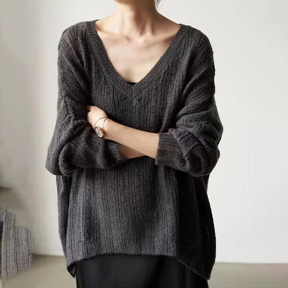 Damen Grobstrickpullover mit tiefem V-Ausschnitt und lässigem Schnitt Drune