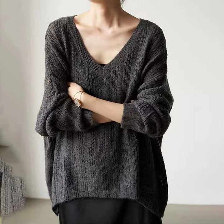 Damen Grobstrickpullover mit tiefem V-Ausschnitt und lässigem Schnitt Drune