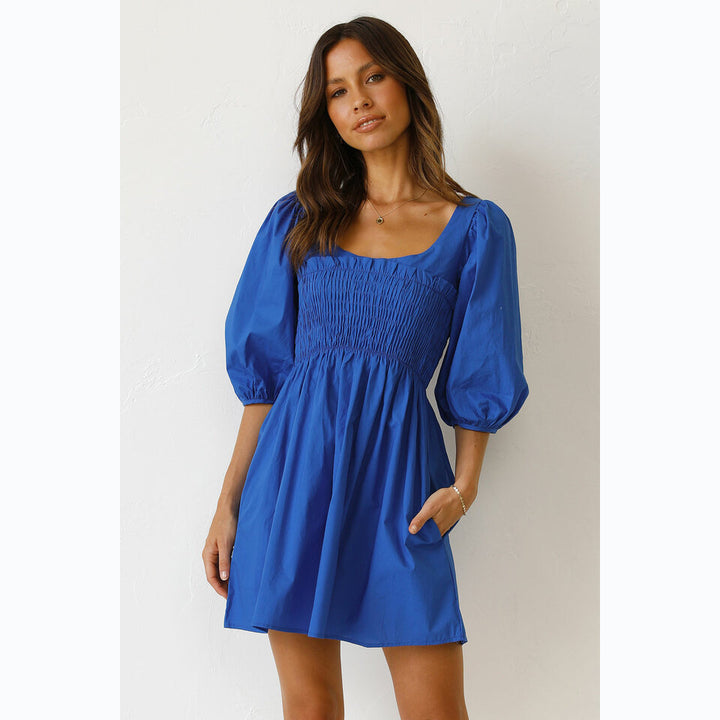 Damen Baumwollkleid mit schmaler Taille und Puffärmeln Drune