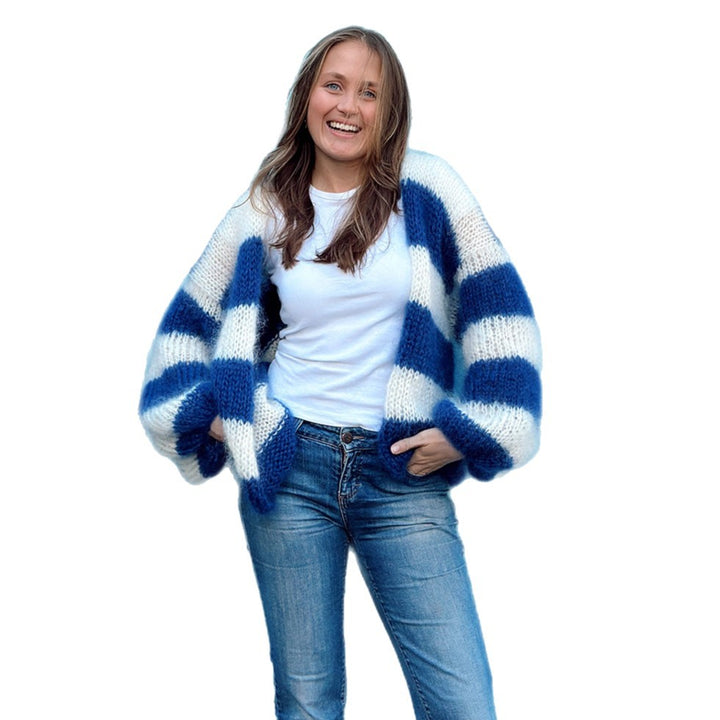 Damen Grobstrickjacke mit modischem Streifenmuster und weiten Ärmeln Drune