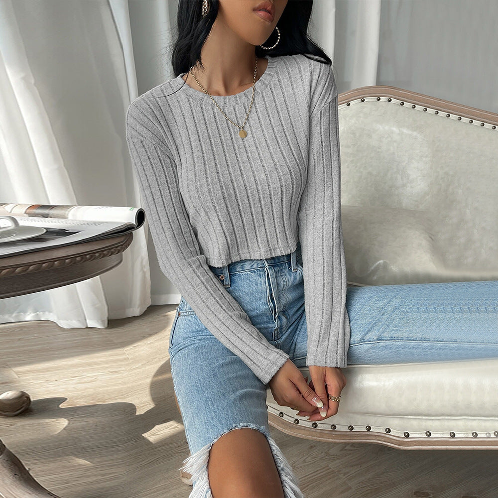 Damen cropped Pullover mit feiner Rippstruktur und langen Ärmeln Drune