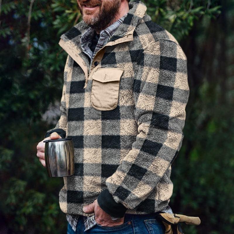 Herren Fleece-Pullover mit Karomuster und Hohem Kragen Drune