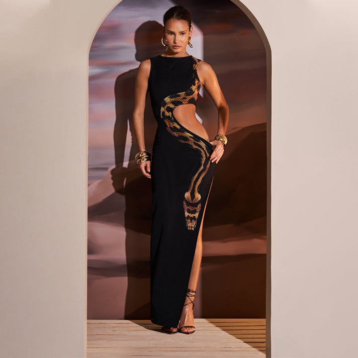 Damen Schickes Maxi-Kleid mit aufregendem cut-out Design und hohem Schlitz Drune