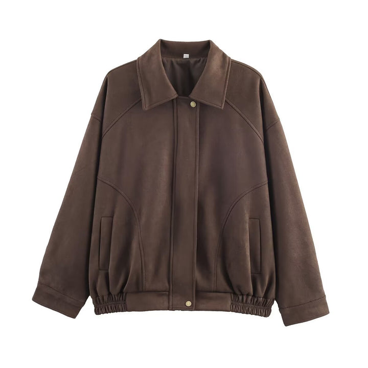 Damen lässige Wildlederjacke mit elastischem Bund und seitlichen Taschen Drune