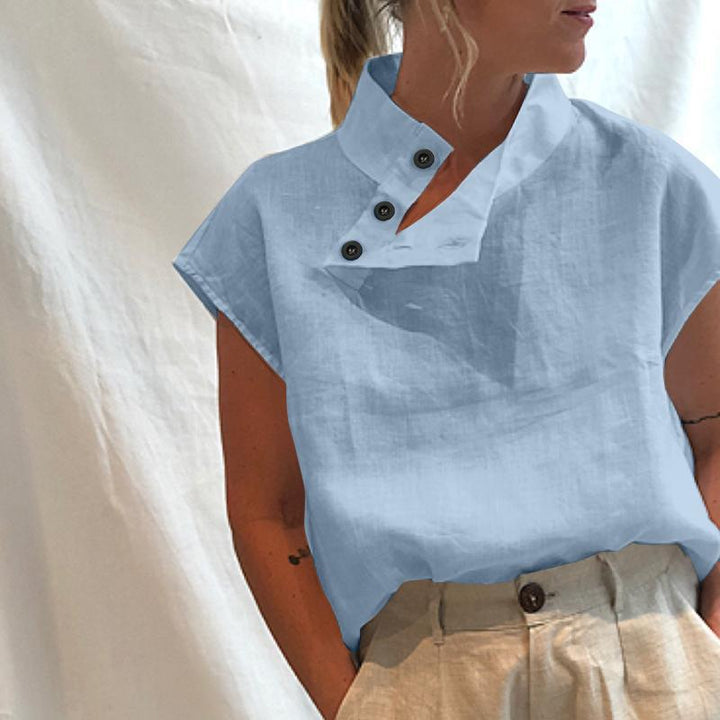Damen moderne Bluse mit Stehkragen und eleganten Knopfdetails Drune