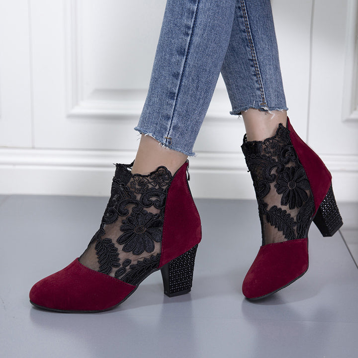 Damen nan elegante Spitzen-Stiefelette mit Wildlederoptik-Einsatz und verziertem Blockabsatz Drune