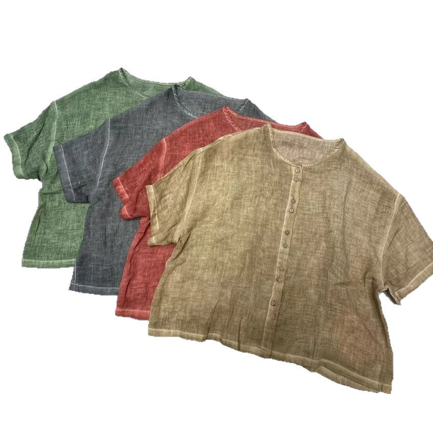 Damen Leichtgewicht Knopf-Oben Leinen Crop Top Drune