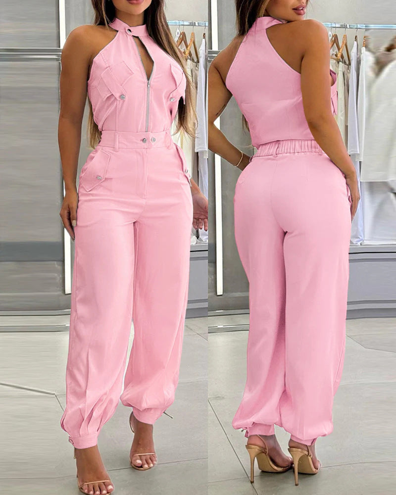 Damen modischer einteiliger Overall mit hohem Kragen und praktischen Taschen Drune