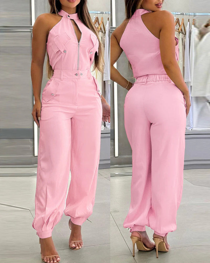 Damen modischer einteiliger Overall mit hohem Kragen und praktischen Taschen Drune