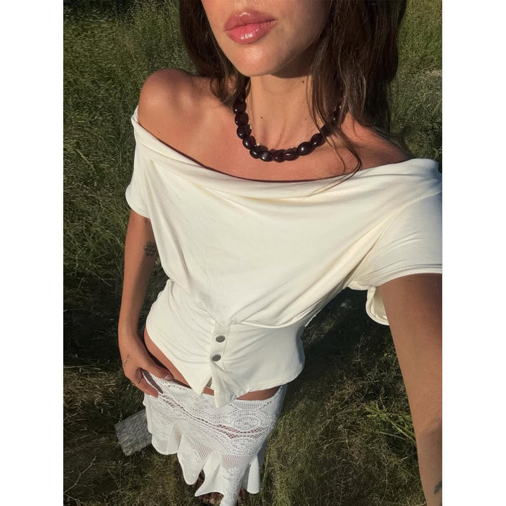 Damen Off-Shoulder Oberteil mit Knopfdetails Drune