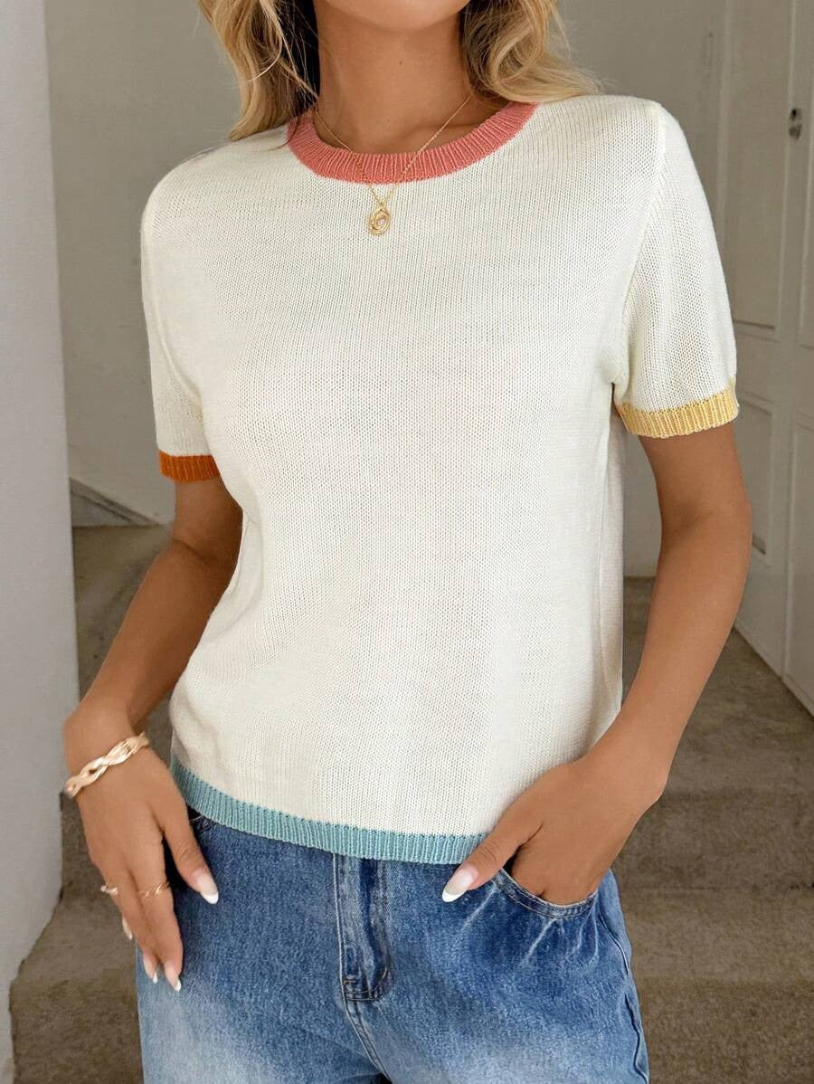 Damen modisches Kurzarm-Strickoberteil mit bunten Akzenten und stylischem Netzmuster Drune