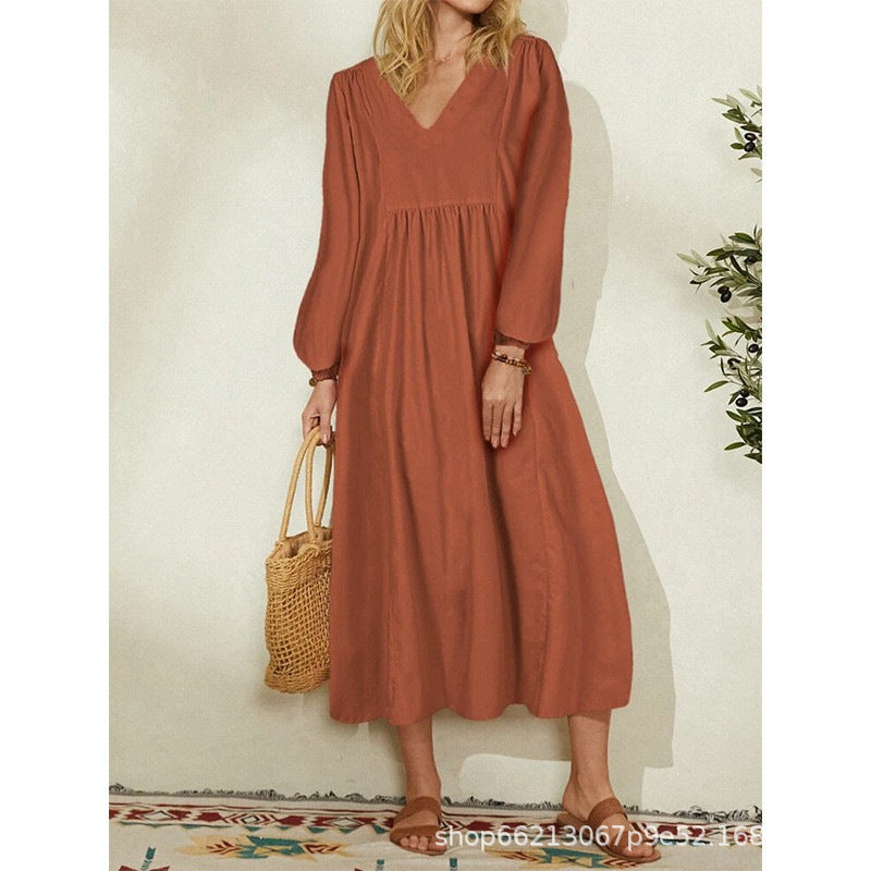 Damen leichtes Maxikleid mit V-Ausschnitt und ballonähnlichen Ärmeln Drune