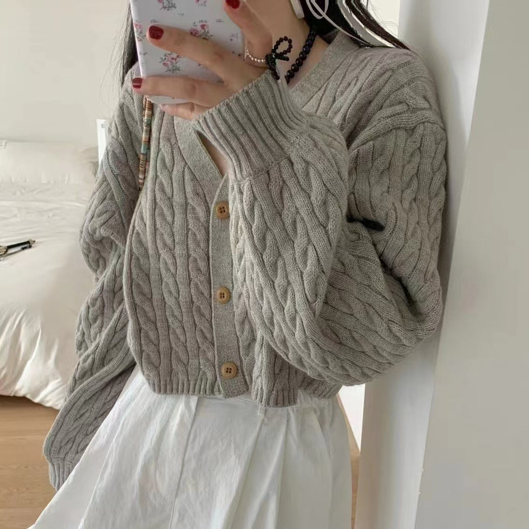 Damen kuscheliger Strickcardigan mit V-Ausschnitt und großen Knöpfen Drune